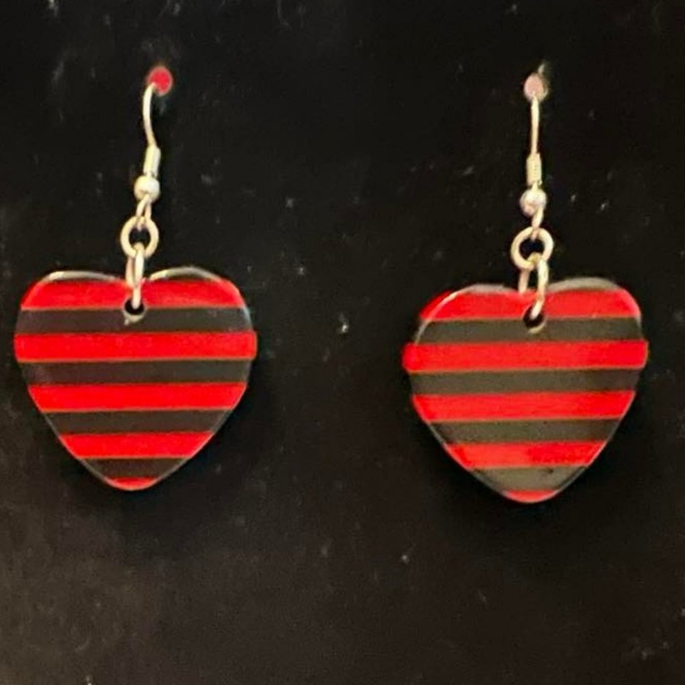 Cute Red and Black Striped Heart Shaped Earrings